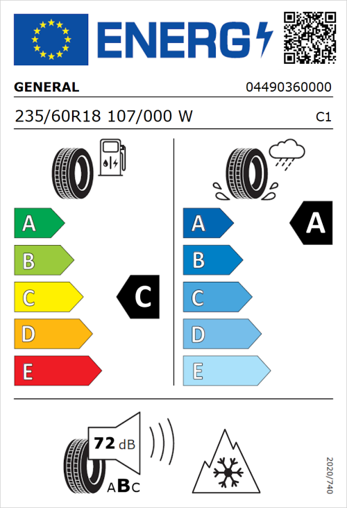 Tyre Label for General Grabber GT Plus 235/60R18 107/000W