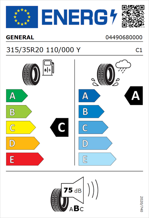 Tyre Label for General Grabber GT Plus 315/35R20 110/000Y