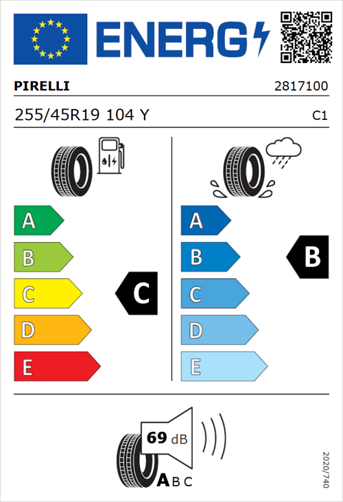 Tyre Label for Pirelli P Zero 255/45R19 104Y