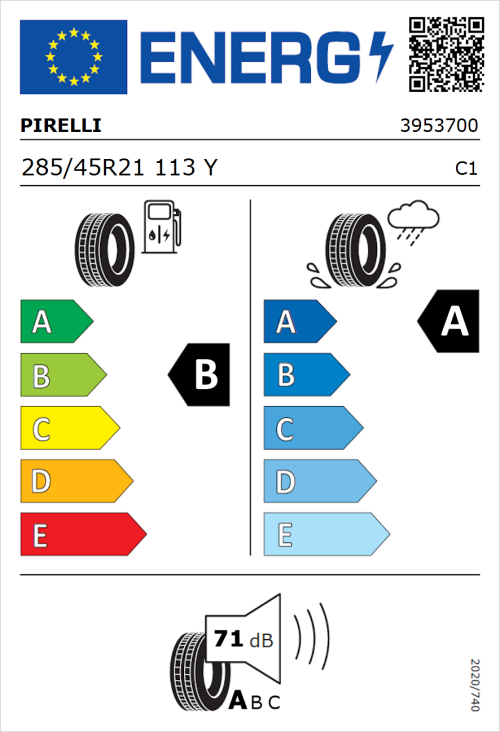 Tyre Label for Pirelli P Zero (PZ4) Sport Car 285/45R21 113Y