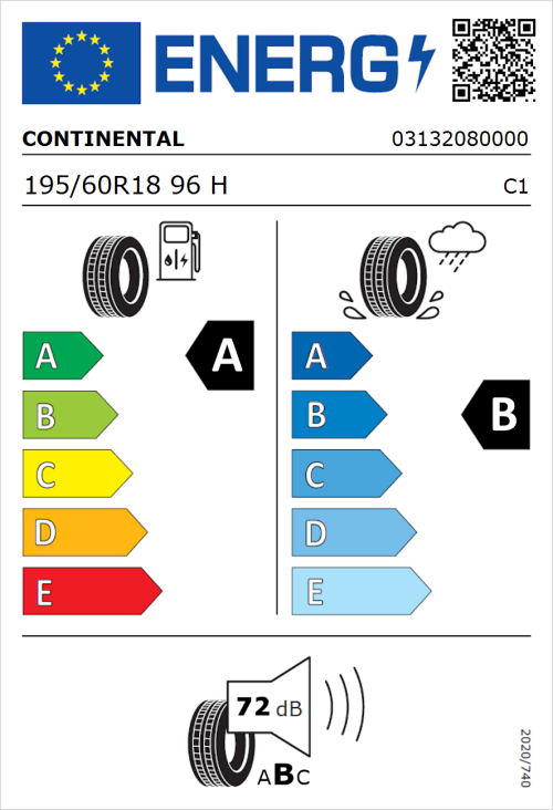 Tyre Label for Continental EcoContact 6 195/60R18 96H