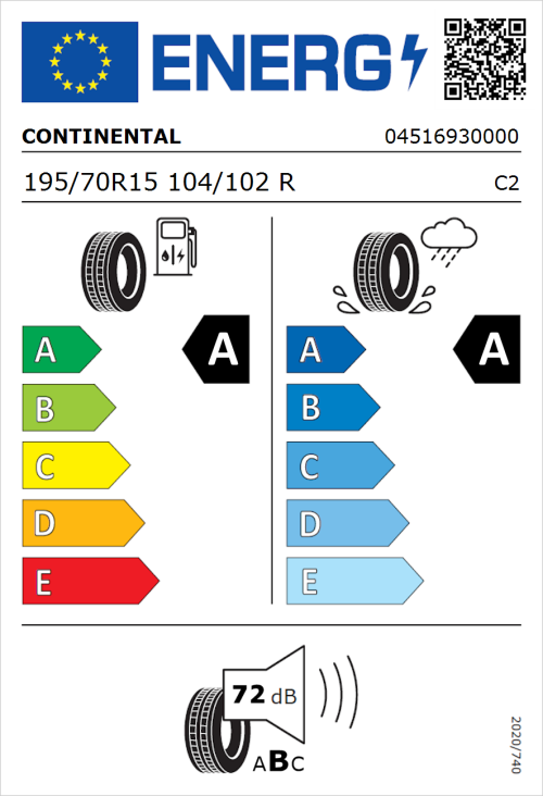 Tyre Label for Continental VanContact Eco 195/70R15 104/102R