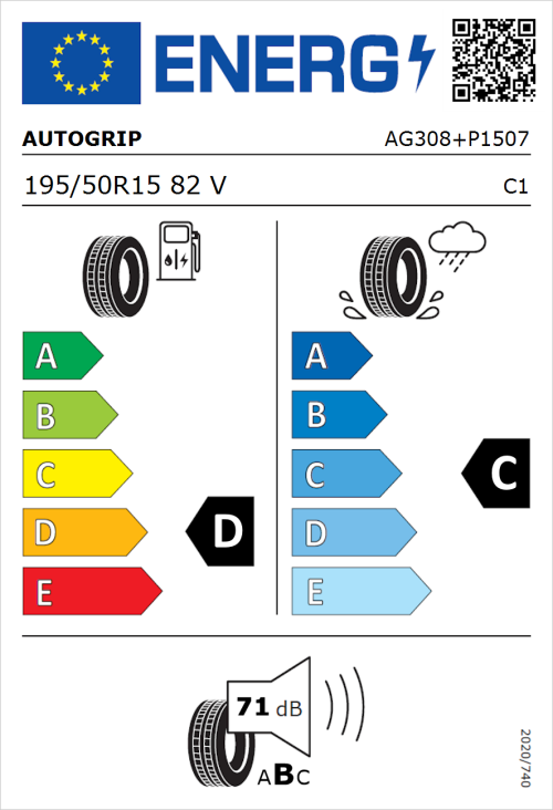 Tyre Label for Autogrip P308 195/50R15 82V